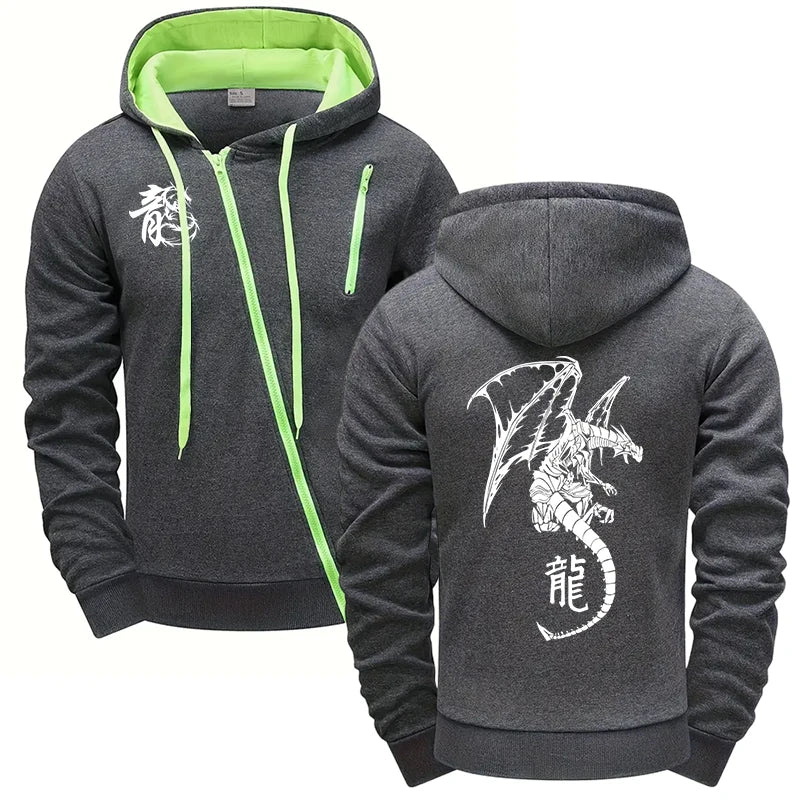 Men's Zip-up Jackets All Season Daily Casual Sports Riding Versatile Hooded Coats Male Gym Fitness Hoodie Dragon Printed Clothes