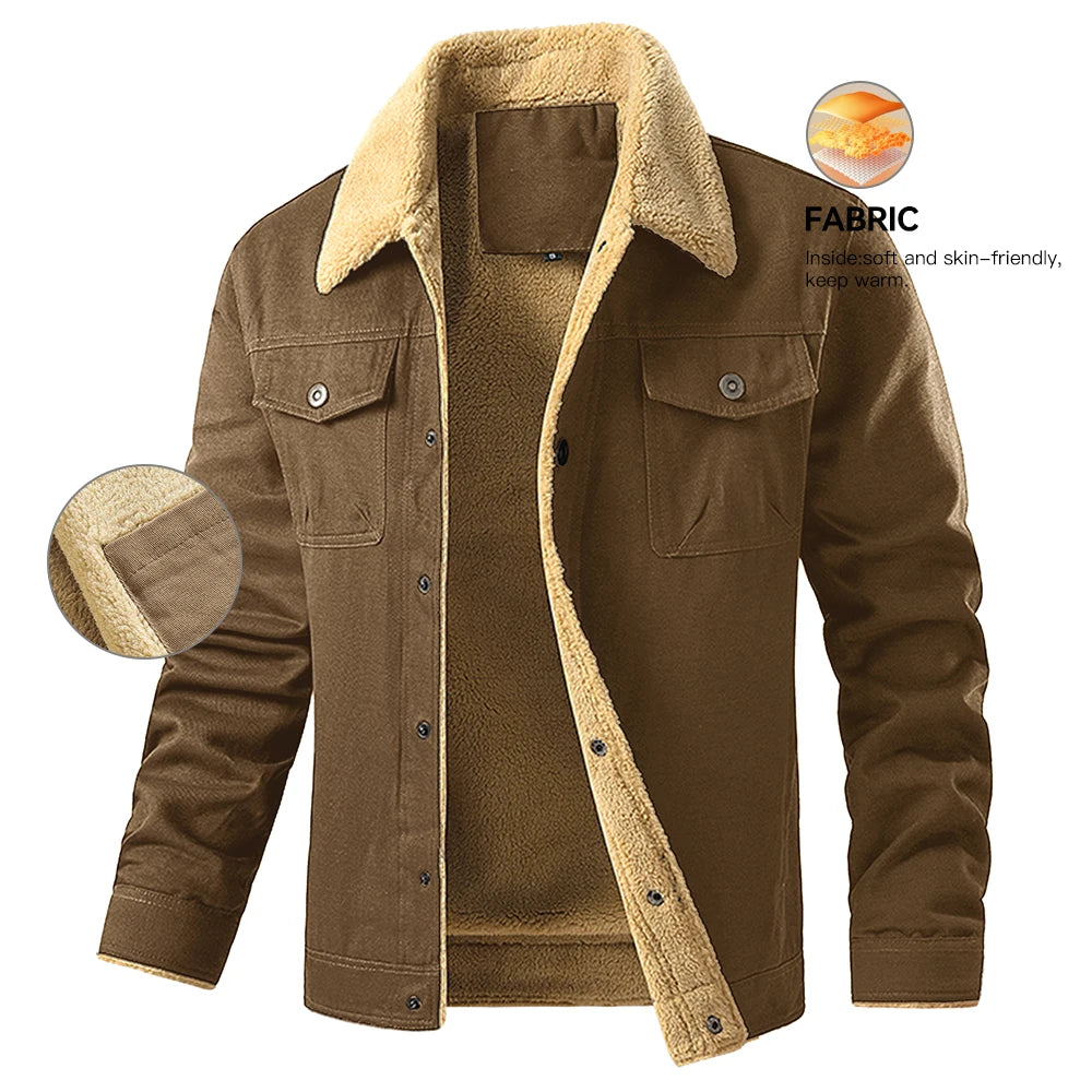 Men's Jackets Winter Faux Shearling Lined Windproof Warm Coat Black Buttoned Parka Pockets Comfortable Casual Tops US Size