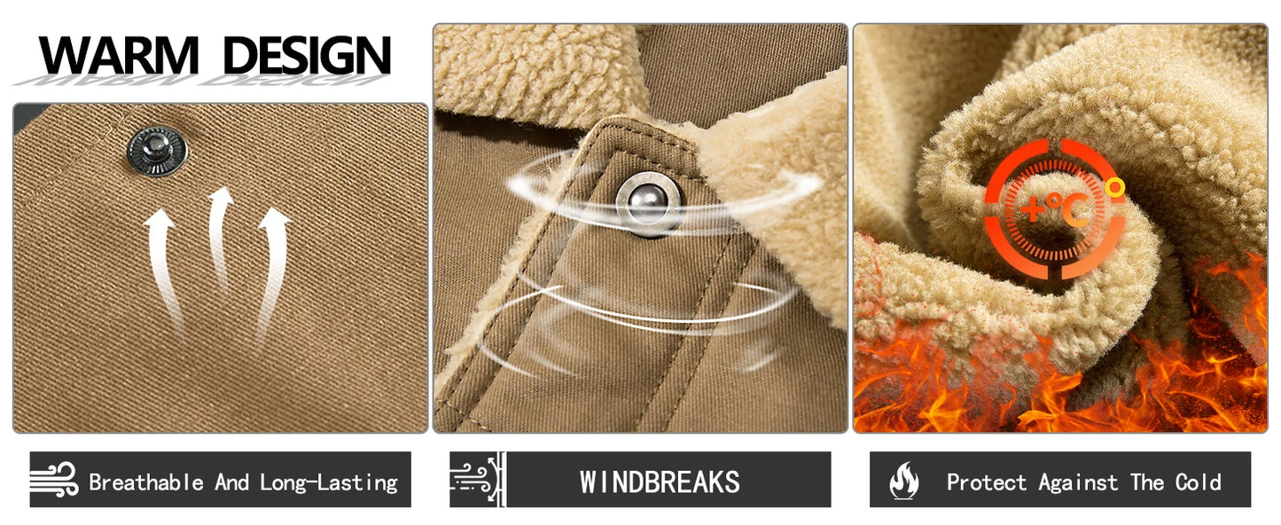 Men's Jackets Winter Faux Shearling Lined Windproof Warm Coat Black Buttoned Parka Pockets Comfortable Casual Tops US Size