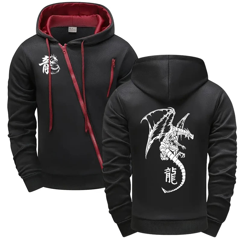 Men's Zip-up Jackets All Season Daily Casual Sports Riding Versatile Hooded Coats Male Gym Fitness Hoodie Dragon Printed Clothes