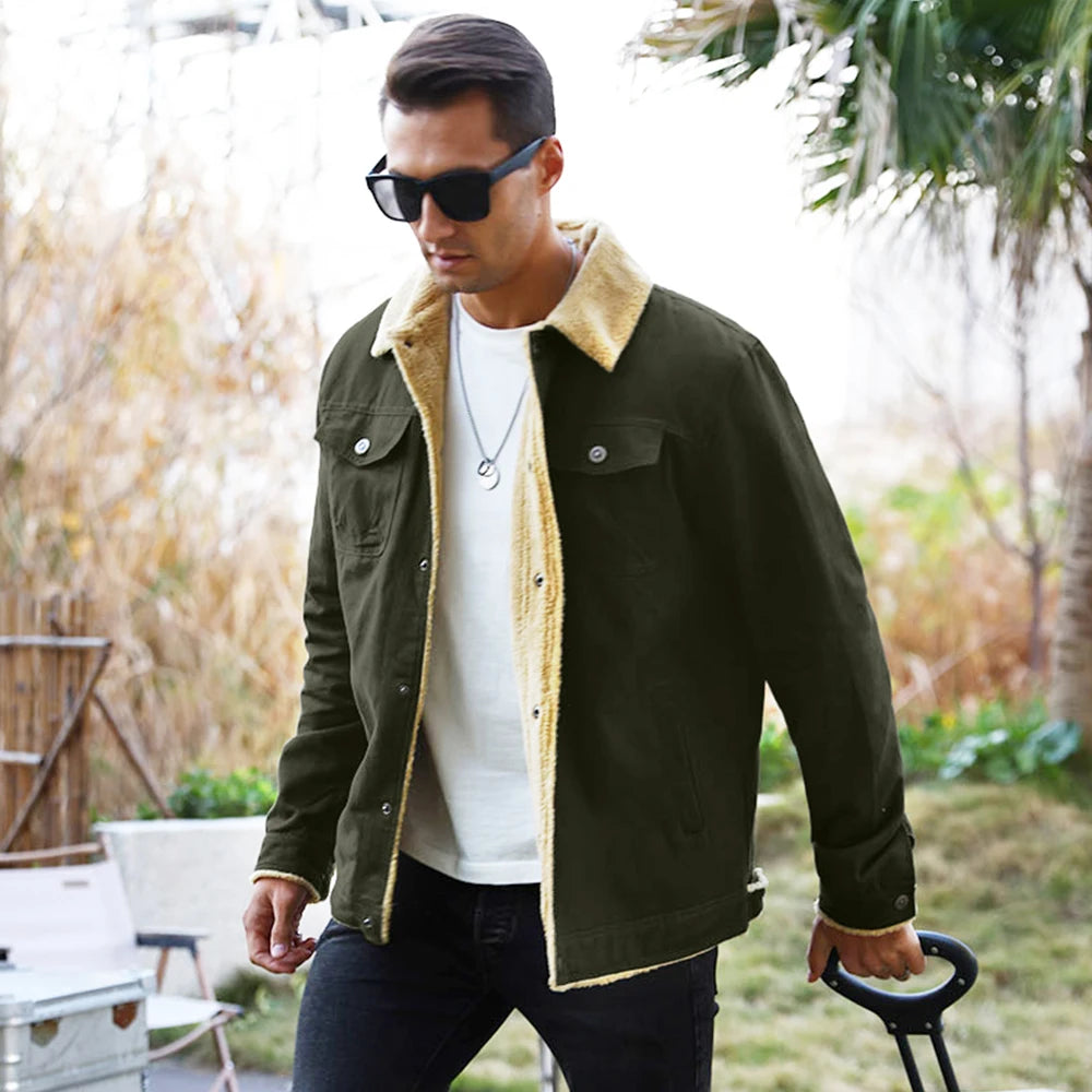 Men's Jackets Winter Faux Shearling Lined Windproof Warm Coat Black Buttoned Parka Pockets Comfortable Casual Tops US Size