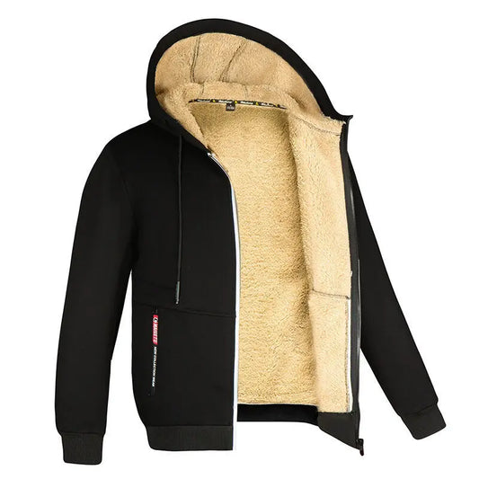 Winter New Men's Trendy Hooded Sweatshirt, Fleece Windproof and Warm Zipper Jacket, Outdoor Casual Solid Color Versatile Jacket