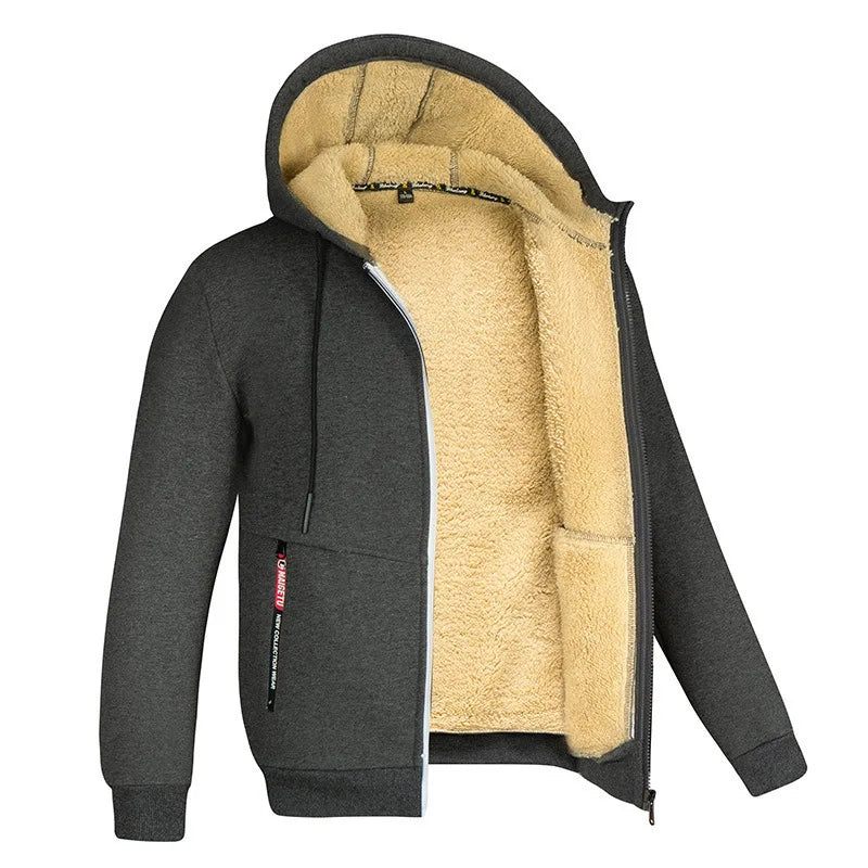 Winter New Men's Trendy Hooded Sweatshirt, Fleece Windproof and Warm Zipper Jacket, Outdoor Casual Solid Color Versatile Jacket
