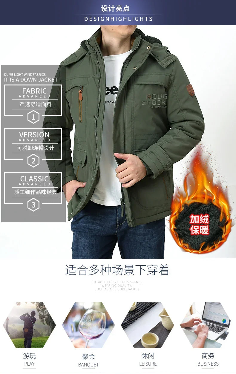 Cargo Jackets Men Winter Outdoor Windproof Warm Casual Fleece Jacket Thick Warm Hooded Coat Solid Color Outerwear Mens Clothing