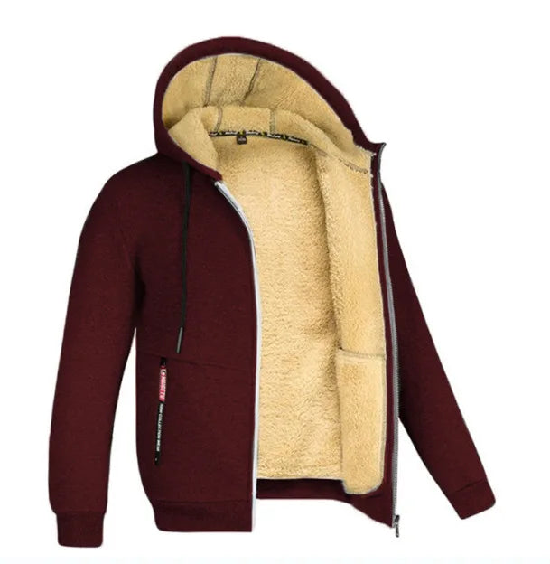 Winter New Men's Trendy Hooded Sweatshirt, Fleece Windproof and Warm Zipper Jacket, Outdoor Casual Solid Color Versatile Jacket