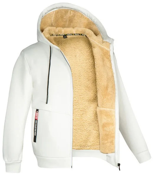 Winter New Men's Trendy Hooded Sweatshirt, Fleece Windproof and Warm Zipper Jacket, Outdoor Casual Solid Color Versatile Jacket