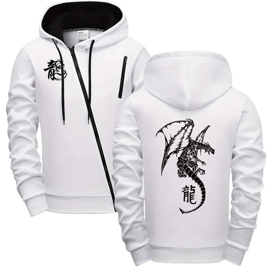 Men's Zip-up Jackets All Season Daily Casual Sports Riding Versatile Hooded Coats Male Gym Fitness Hoodie Dragon Printed Clothes